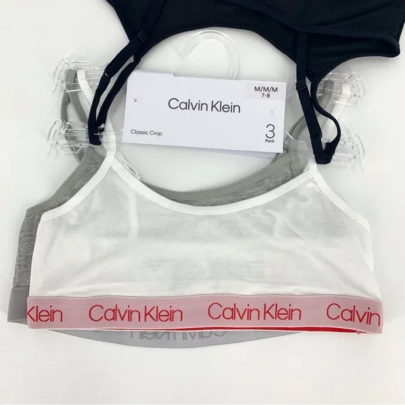 Calvin Klein NWT Girls' Black, Red, White, Grey 3-Pack Classic Crop Bralette, M - Picture 4 of 11